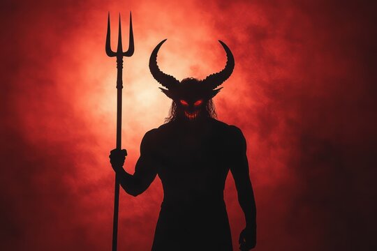 Silhouette of devil figure with pitchfork in red