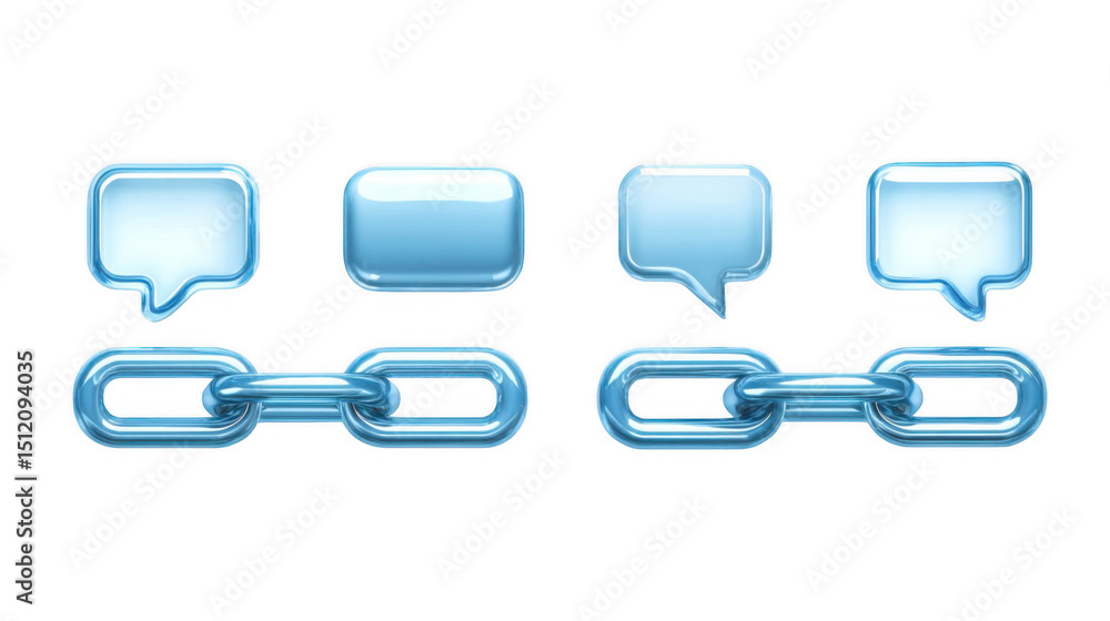 Poster glossy blue chain links and speech bubbles are connecting on a transparent background, representing 