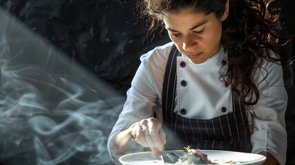 A female Michelin chef in a white coat and apron carefully prepares a gourmet dish in a beam of light with smoke swirling around