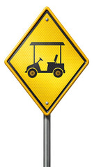 A bright yellow diamond-shaped sign featuring a black golf cart silhouette, warning of upcoming golf cart traffic. Ideal for golf course awareness.