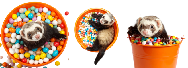 Playful ferrets enjoying colorful balls in vibrant buckets of fun.