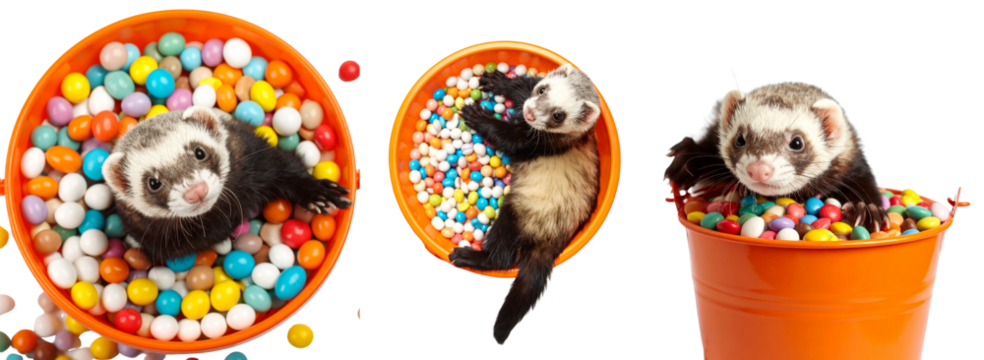 Playful ferrets enjoying colorful balls in vibrant buckets of fun.