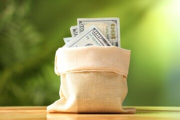 Money bag with dollar banknotes on wooden table against blurred green background, closeup