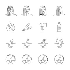 Hair care icons set. Hair treatment illustrations line style editable stroke