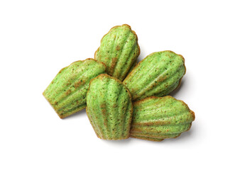 Tasty matcha madeleine cakes isolated on white, top view