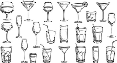 Assorted cocktails collection vector black and white illustration. Various drinks in different glasses with garnishes.
