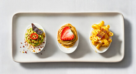 Top View of Three Eggs in Halves Decorated with Various Tasty Toppings on Rectangular Plate on White Surface in Bright Daylight