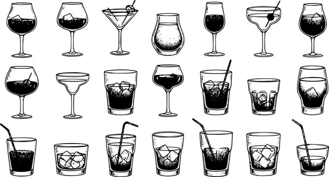 Assorted cocktails collection vector black and white illustration. Various drinks in different glasses with garnishes.
