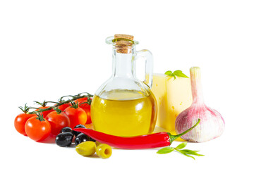 Olive oil, cherry tomatoes, garlic, olives, cheese and red chili pepper. Italian cuisine.