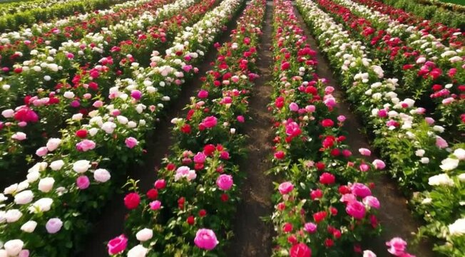 Blooming peony rows vibrant colors spring flowers