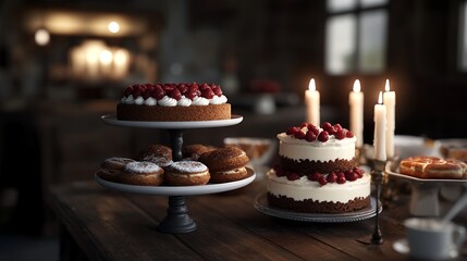 Delicious Raspberry Cakes and Pastries on a Rustic Wooden Table with Candlelight