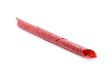 Delicious fruit leather roll on white background, above view