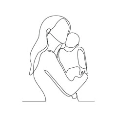 Continuous single line drawing of happy mom mother with baby kids newborn toddler. Vector illustration sketch editable stroke