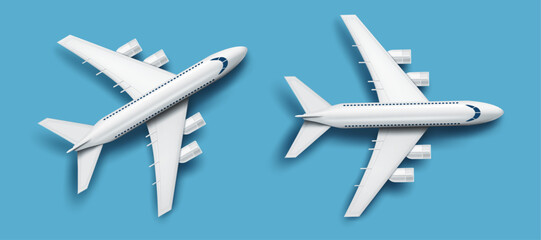 3D realistic airplanes.airliners top view design on the light blue background.transport and travel concept aircraft vector illustration.