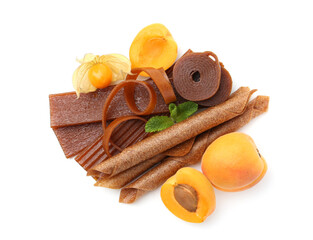 Tasty fruit leather, apricots and physalis isolated on white, top view