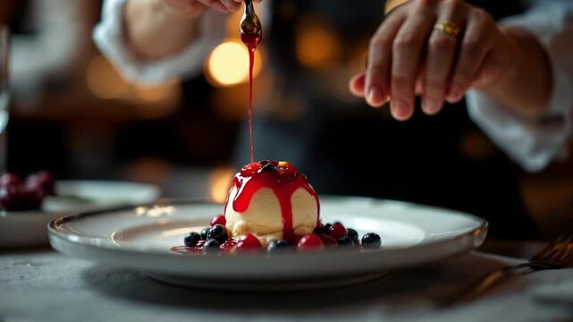 Gourmet dessert preparation close up