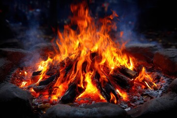 Bright flames dance in a cozy campfire surrounded by rocks in the evening