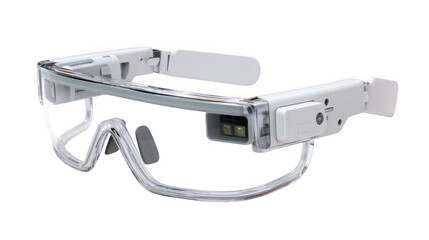 Modern ai powered smart glasses with augmented reality heads up display showing data and information, isolated on transparent background, represent the future of technology and wearable computing