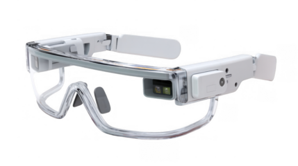 Modern ai powered smart glasses with augmented reality heads up display showing data and information, isolated on transparent background, represent the future of technology and wearable computing
