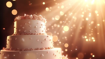 Elegant Three-Tiered Wedding Cake with Delicate Decorations under Golden Spotlight