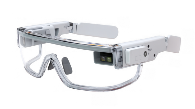 Modern ai powered smart glasses with augmented reality heads up display showing data and information, isolated on transparent background, represent the future of technology and wearable computing