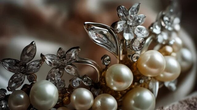 Close-up of an ornate metal tiara with pearls and floral rhinestones on a soft patterned textile surface