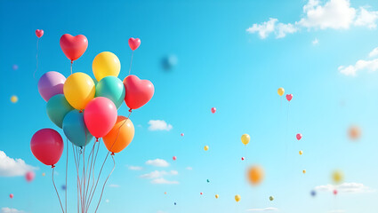 Fototapeta premium Colorful festive balloons floating high against a bright blue sky