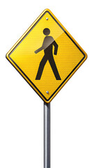 A bright yellow pedestrian crossing sign with a stylized figure walking. The sign is prominently displayed on a silver pole, designed to alert drivers.