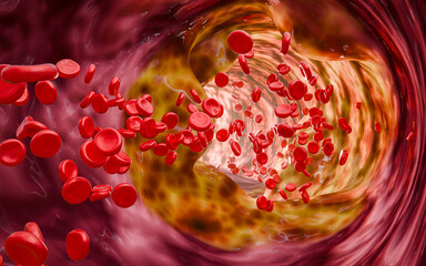 Artery clogged by unhealthy junk food, sugary drinks, and alcohol, illustrating serious cardiovascular risks, atherosclerosis, and heart disease problems in human blood vessels. 3D rendering.