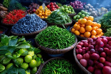 Fototapeta premium Vibrant display of fresh fruits and vegetables at a bustling market in the early morning hours