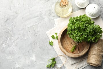 Fresh parsley, oil, spices and thread on grey textured table, flat lay. Space for text