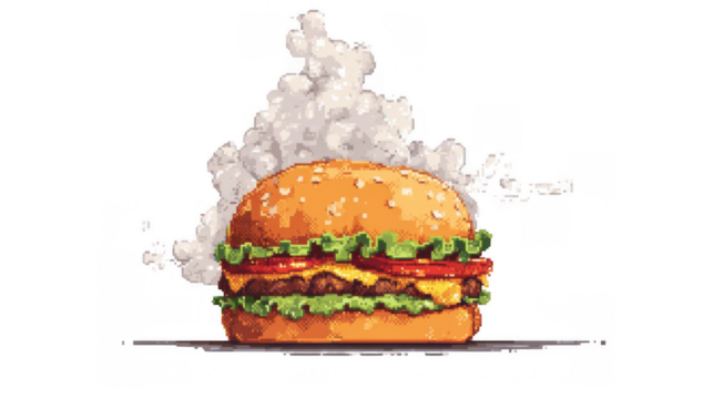 Pixel art cheeseburger is steaming hot on a transparent background, perfect for adding a retro touch to any project related to food, gaming, or nostalgia