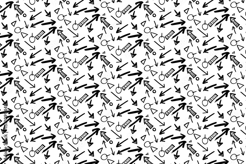 Poster seamless pattern of black arrows triangles and circles on a white background