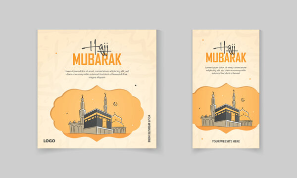 Hajj Mubarak Arabic calligraphy with the kaaba vector and Islamic pattern, Social media post, story