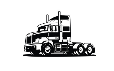 A semi-truck illustration with bold black lines, for trucking firms’ branding or ads, perfect for logos and print, to show power, trust, and reliability.