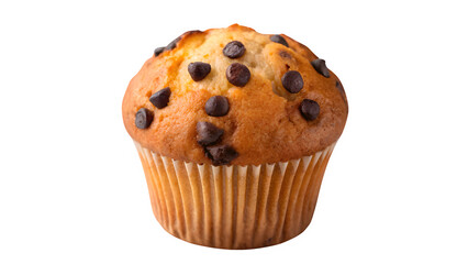 Chocolate chip muffin isolated on transparent background, delicious fresh baked pastry snack