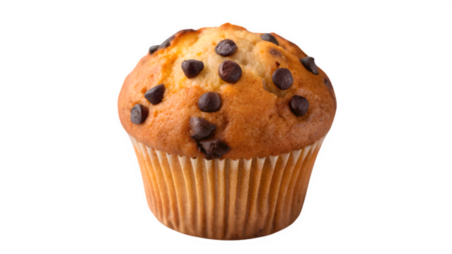 Chocolate chip muffin isolated on transparent background, delicious fresh baked pastry snack