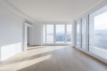 Obraz premium Bright Empty Room with Wooden Floor and Big Windows