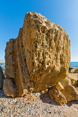 a vertical shot of a sandy coast and stones