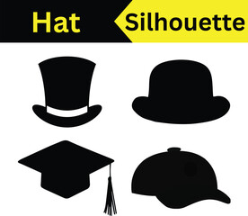 Silhouette Set of Various Hats: Top Hat, Bowler, Graduation Cap, Baseball Cap