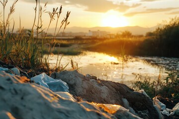 Plastic Waste Pile at Sunset in Nature