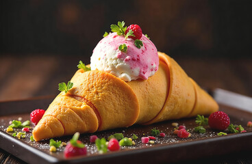 Croissant with a scoop of ice cream on a dark elegant background, unusual presentation for a restaurant