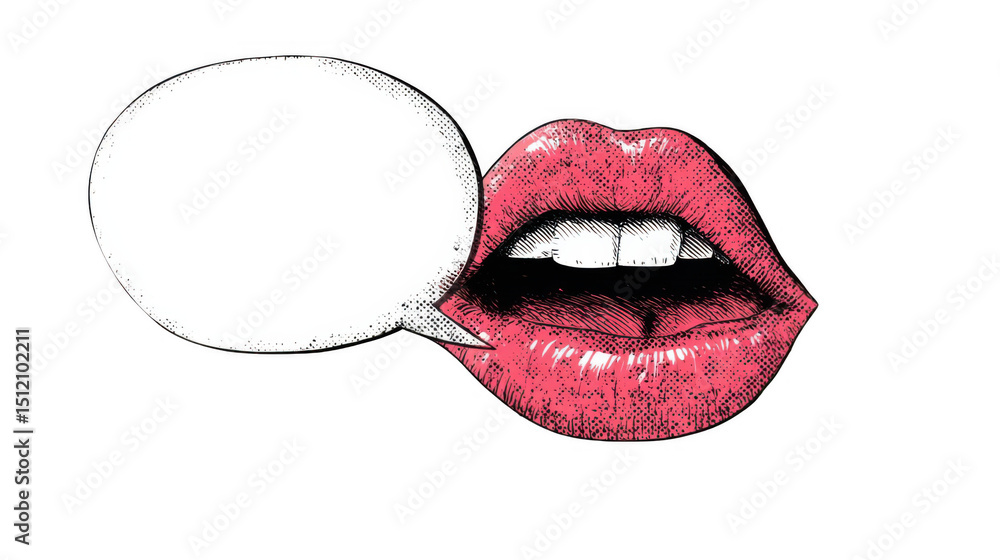 Aufkleber open red lips biting into a blank comic speech bubble, creating an inviting space for custom text or