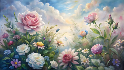 Whimsical blooming flower garden with pastel petals, roses, daisies, clouds, blue sky, fantasy background, dreamy floral landscape art