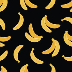 Seamless Hand Drawn Ripe Yellow Bananas Pattern Design Black Background