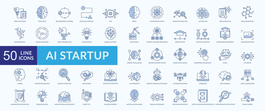 AI startup icon collection set with speech synthesis, fuzzy logic, reinforcement learning, evolution strategy, autonomous system
