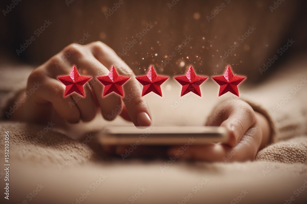 Poster close-up of hands using smartphone, five red stars hovering above, symbolizing online rating or revi