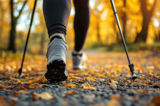 Retired Person Engaged in Nordic Walking for Fitness