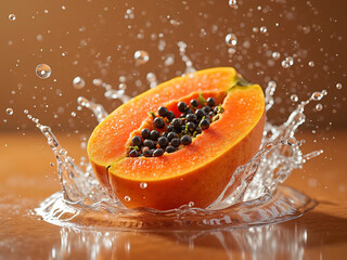 Fresh papaya with water droplets in dynamic mid-air splash, tropical fruit