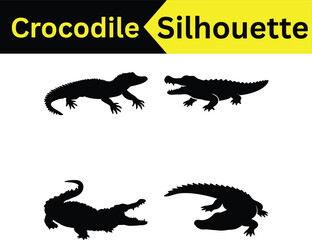 Crocodile Silhouette Vector Illustration Set: Four Different Poses of Crocodiles in Black Silhouette